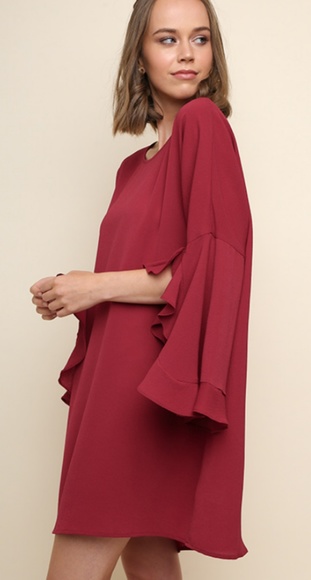 Burgundy Split Ruffle Bell Sleeve Dress - Picture 4 of 5